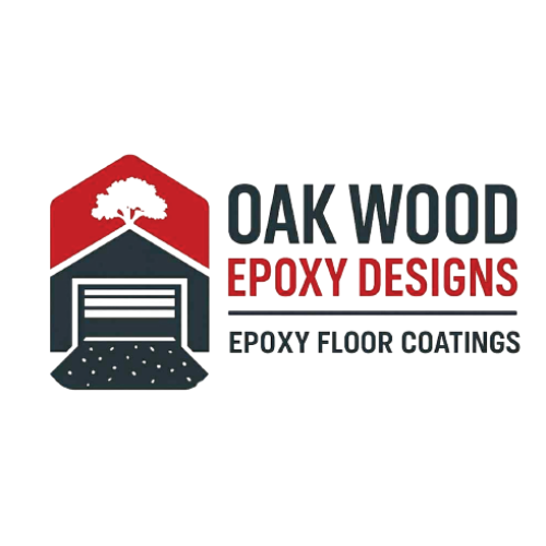 Oak Wood Epoxy Designs logo with tree, garage, and floor coating text