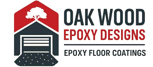Oak Wood Epoxy Designs logo with tree, garage, and floor coating emblem